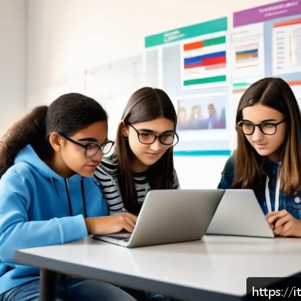 코딩교육지도사와 실습 문제 제작 - A modern classroom scene in Italy with diverse teenage students collaborating on a coding project us...