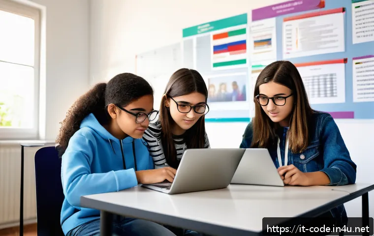코딩교육지도사와 실습 문제 제작 - A modern classroom scene in Italy with diverse teenage students collaborating on a coding project us...