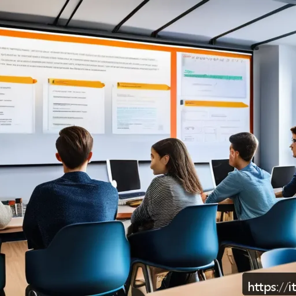 코딩교육지도사 업무 관련 법률 및 규정 - A modern Italian coding classroom scene featuring a diverse group of students aged around 14-16, all...