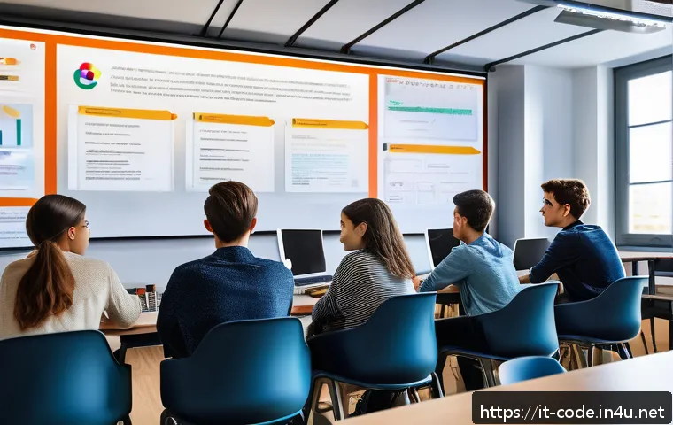 코딩교육지도사 업무 관련 법률 및 규정 - A modern Italian coding classroom scene featuring a diverse group of students aged around 14-16, all...