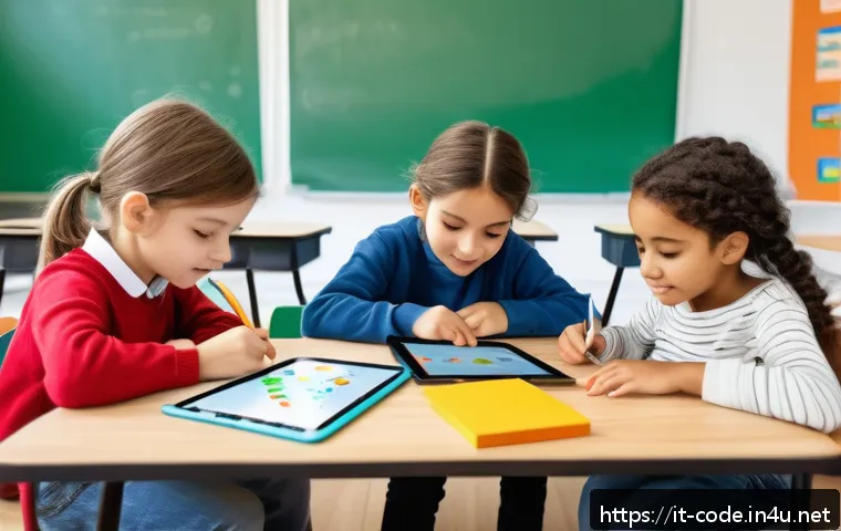 코딩교육지도사와 온라인 스터디 운영 노하우 - A bright and colorful classroom scene in Italy featuring young children aged 6-8 engaged in interact...
