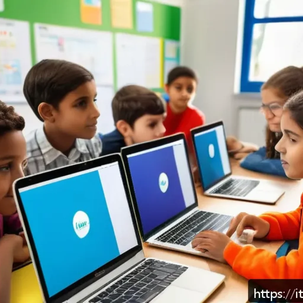 코딩교육지도사 교육 방식의 장단점 - A diverse classroom scene with children of various ages working on coding projects using laptops and...