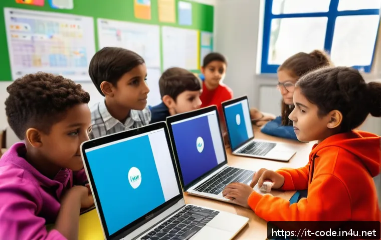코딩교육지도사 교육 방식의 장단점 - A diverse classroom scene with children of various ages working on coding projects using laptops and...