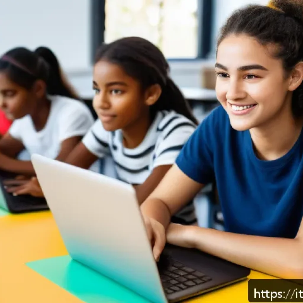 코딩교육지도사로서 업무 만족도 조사 - A confident young Italian female coding instructor in a modern classroom setting, guiding a diverse ...