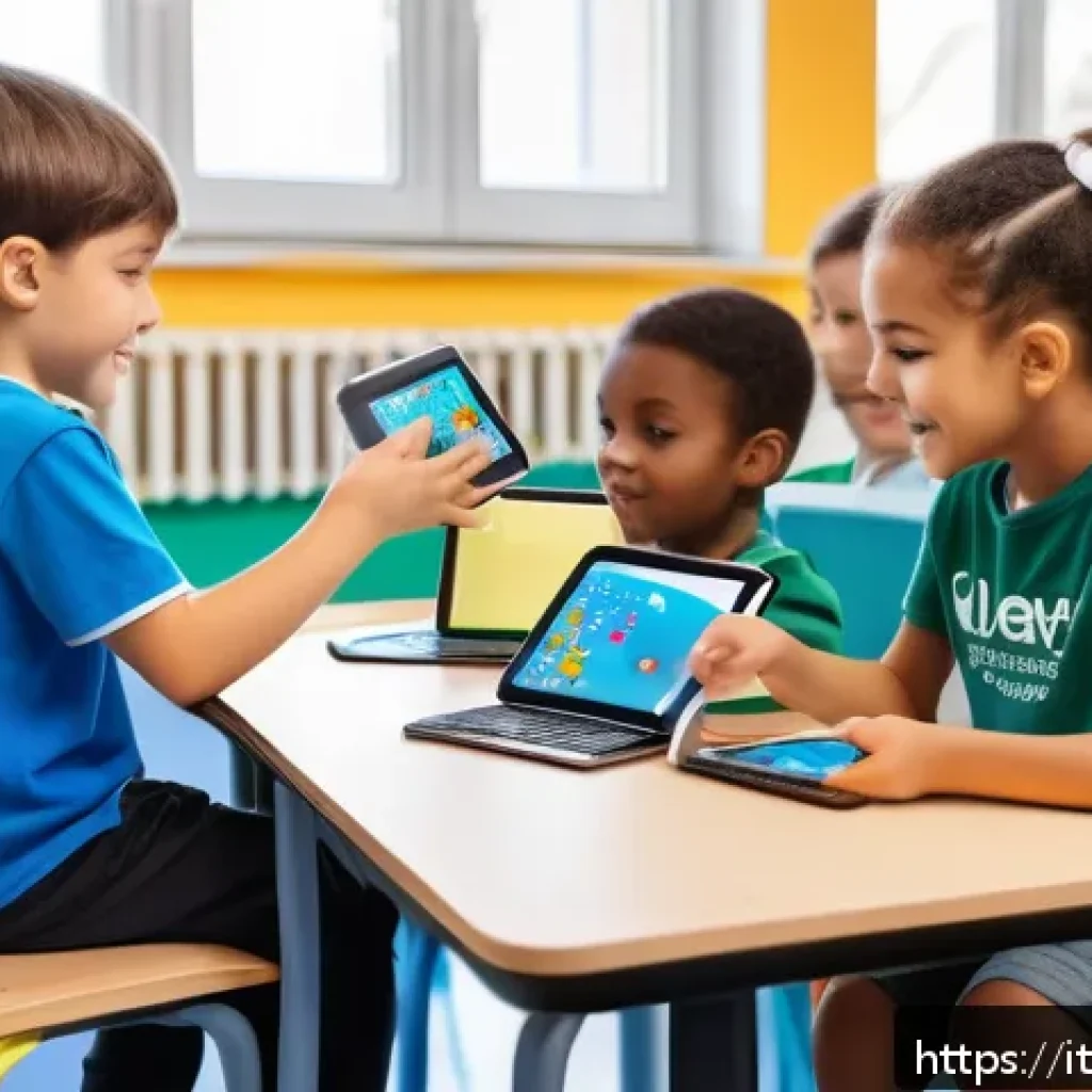 코딩교육지도사 업무에서 자주 쓰는 툴 - A bright and colorful classroom scene in an Italian elementary school where young children aged 6 to...