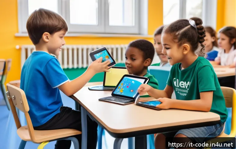 코딩교육지도사 업무에서 자주 쓰는 툴 - A bright and colorful classroom scene in an Italian elementary school where young children aged 6 to...