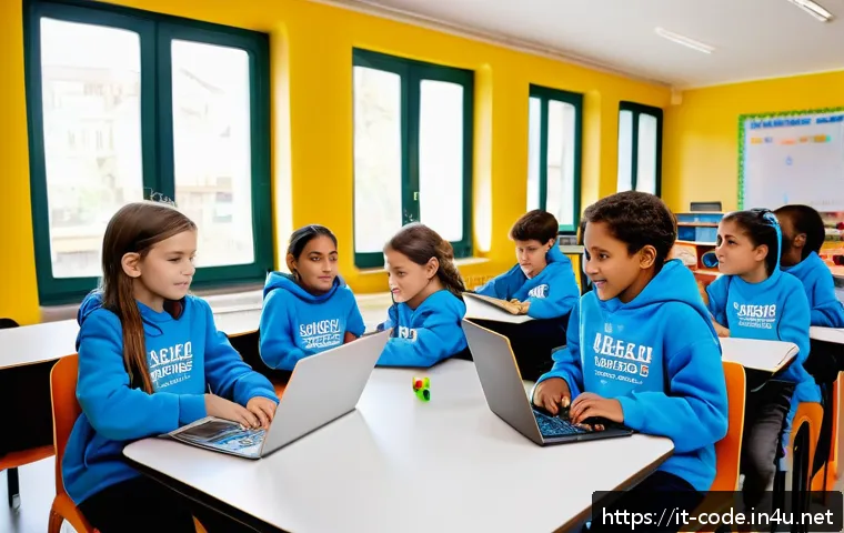 코딩교육지도사와 로봇 교육 사례 - A lively classroom scene in an Italian primary school where diverse children aged around 10 are enga...