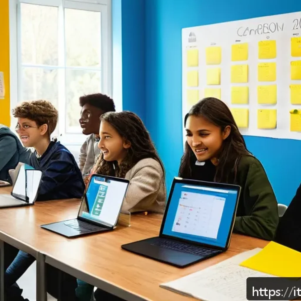 코딩교육지도사로서 학습자 중심 교육 방법 - A bright and modern classroom setting in Italy, where diverse teenagers collaborate on coding projec...