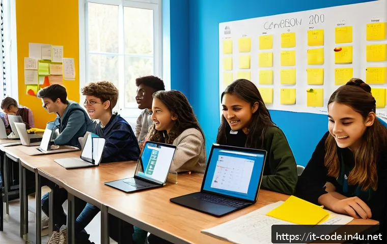 코딩교육지도사로서 학습자 중심 교육 방법 - A bright and modern classroom setting in Italy, where diverse teenagers collaborate on coding projec...