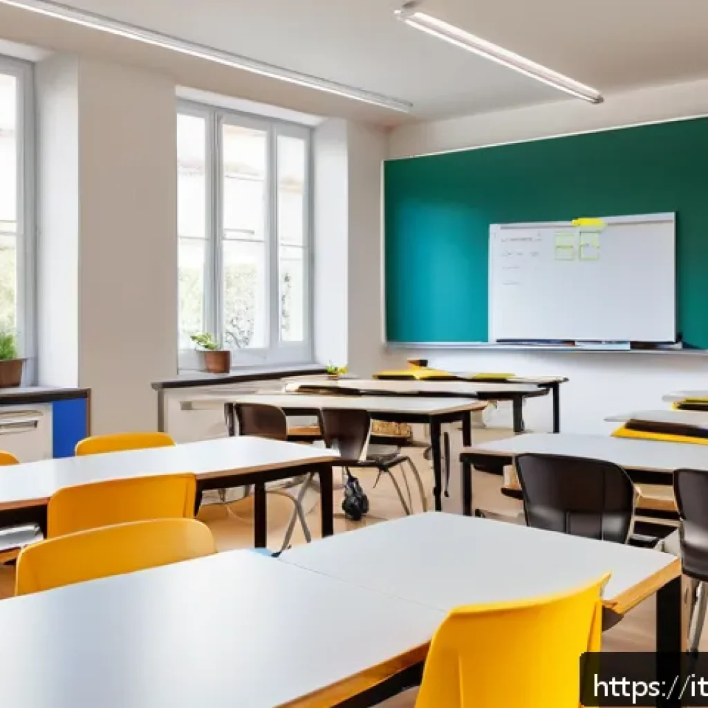코딩교육지도사와 학습 환경 설계 사례 - A modern Italian classroom designed for coding education, featuring open spaces with modular tables ...