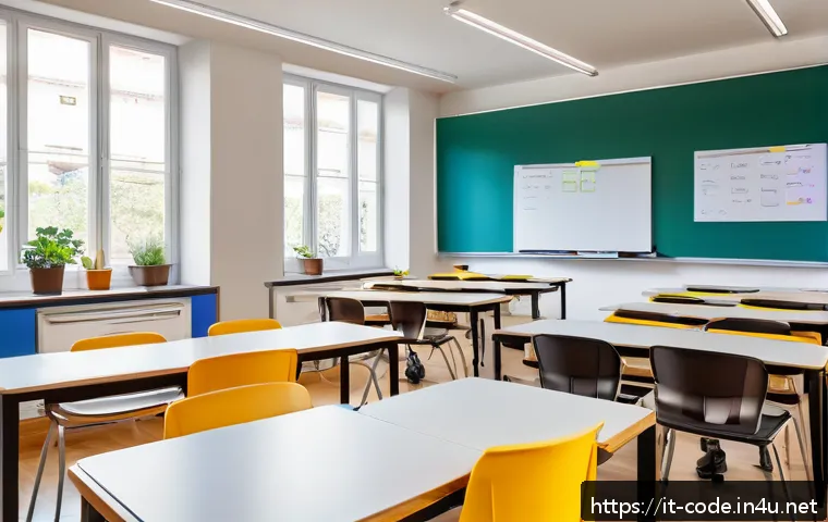코딩교육지도사와 학습 환경 설계 사례 - A modern Italian classroom designed for coding education, featuring open spaces with modular tables ...