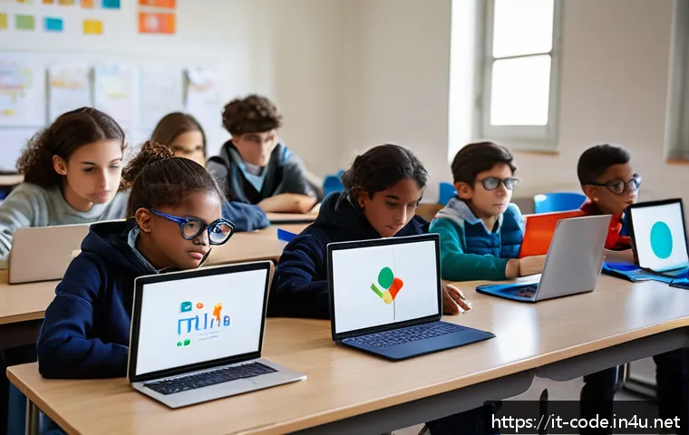 코딩교육지도사 현업에서의 어려움과 해결 방법 - A diverse classroom scene in a modern Italian school setting, showing students of various ages and e...