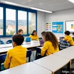 코딩교육지도사와 학습자 참여도 높이기 - A bright, modern classroom setting in Italy with diverse young students collaborating in small group...