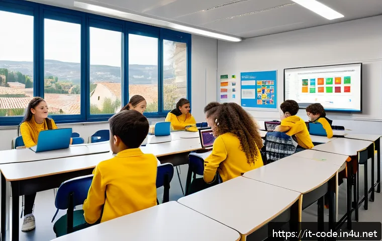 코딩교육지도사와 학습자 참여도 높이기 - A bright, modern classroom setting in Italy with diverse young students collaborating in small group...