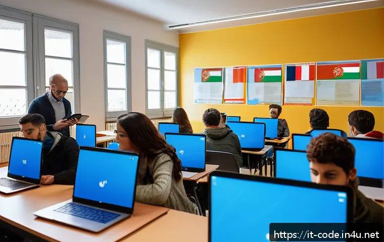 코딩교육지도사 온라인 강의 추천 - A diverse group of adult students in a modern Italian classroom setting, attentively learning coding...