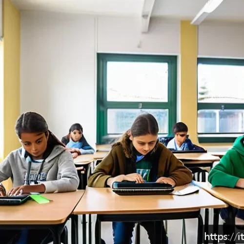 코딩교육지도사와 학생들의 코딩 프로젝트 - A vibrant and modern classroom setting in an Italian school, where diverse students aged around 12-1...