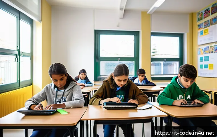 코딩교육지도사와 학생들의 코딩 프로젝트 - A vibrant and modern classroom setting in an Italian school, where diverse students aged around 12-1...