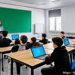 코딩교육지도사와 IT 기술 융합 교육 - A modern Italian classroom scene featuring diverse students aged around 12-15 engaged in interactive...