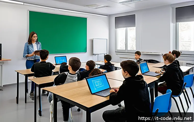 코딩교육지도사와 IT 기술 융합 교육 - A modern Italian classroom scene featuring diverse students aged around 12-15 engaged in interactive...