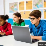 코딩교육지도사와 효과적인 수업 운영 - A diverse group of Italian students aged 12-15 sitting in a bright, modern classroom decorated with ...
