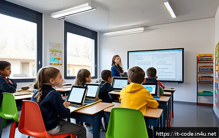 코딩교육지도사 시험 일정 및 접수 방법 - A modern classroom scene in Italy with children aged 10-12 learning coding using Scratch on tablets ...