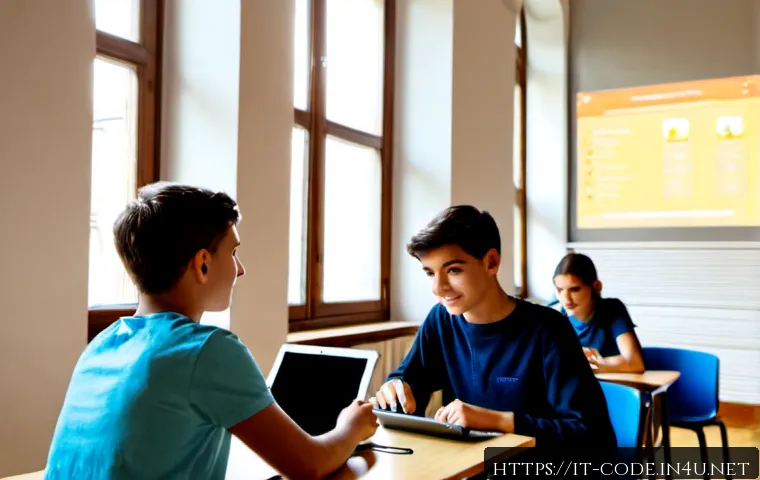Home 27 코딩교육지도사와 학습 관리 시스템 LMS 활용 - Photorealistic Italian coding education instructor guiding a small group of teenage students in a br...