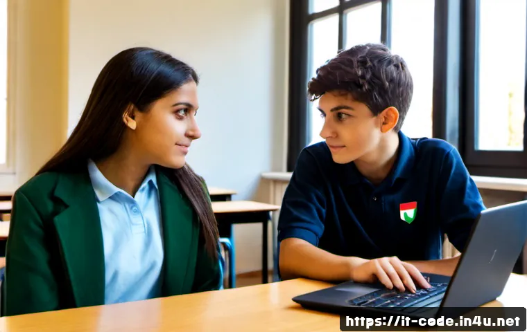 Home 15 코딩교육지도사와 학생과의 소통 사례 - Photorealistic Italian middle-school coding instructor seated beside a student at a clean classroom ...