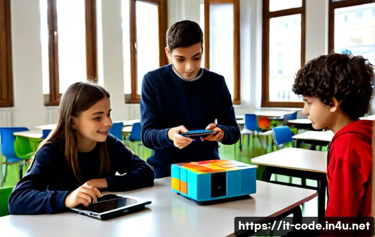 코딩교육지도사와 창의적 사고 기법 - Photorealistic Italian coding education instructor guiding a small group of teenage students around ...