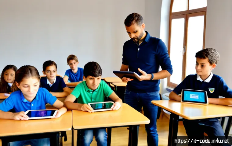 코딩교육지도사로서 교육 기자재 활용법 - Photorealistic Italian coding education instructor guiding a small group of middle-school students i...